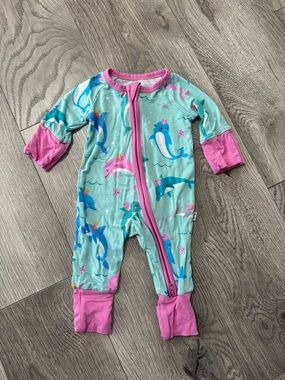 Little Sleepies Mint Dolphin Print Footie with Pink Trim